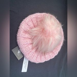 Kyi Kyi Women’s Knit Wool Blend Faux Fur Pom-Pom Winter Beanie (Blush Pink)